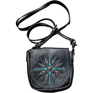 Black and Blue Embellished Studded Western Women's Crossbody Leather Bag Details